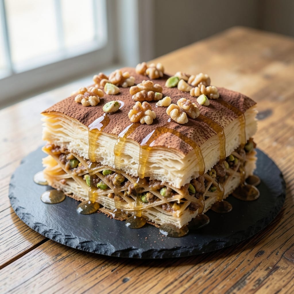 Baklava Opera Fusion Cake Recipe: Nutty Phyllo Layers with Boozy Swirl Drama