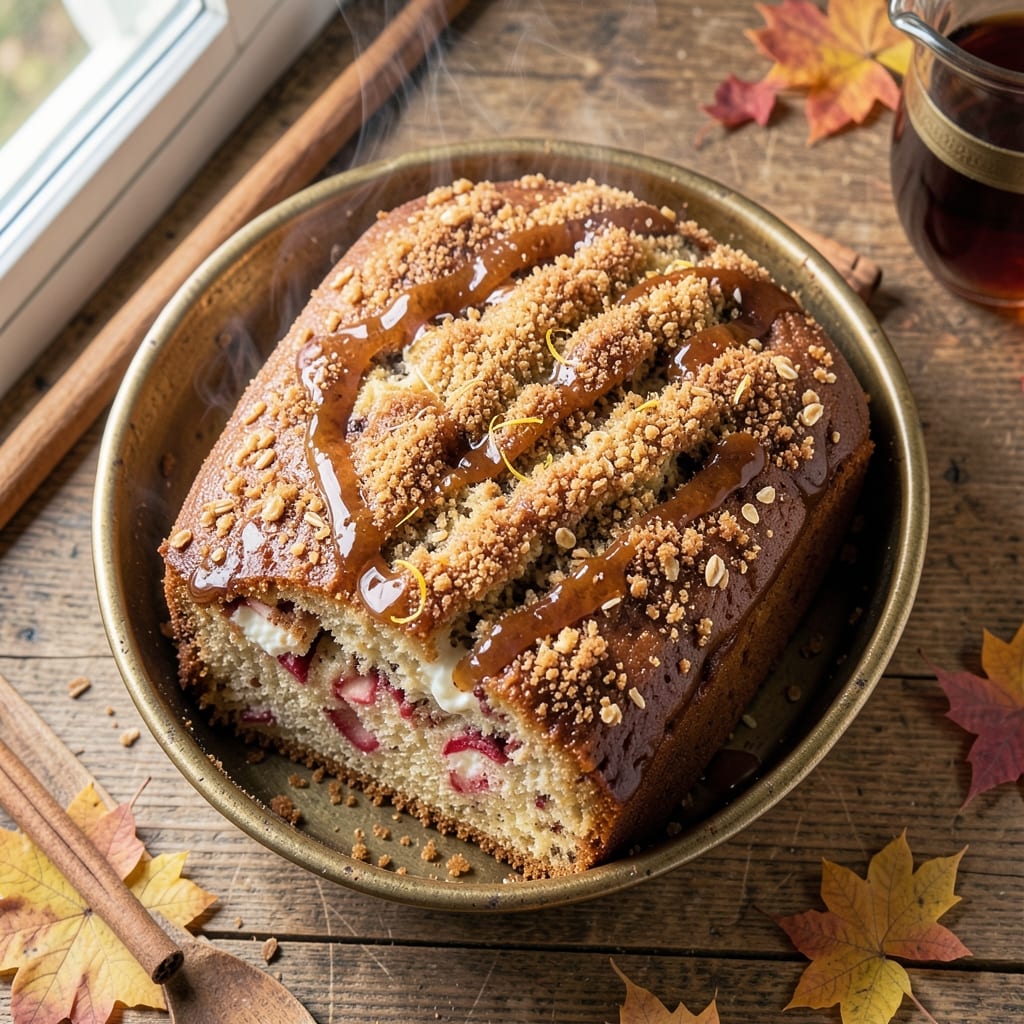 Apple Cider Doughnut Loaf Cake Recipe: Warm Spice Streusel Crown Over Gooey Caramelized Core