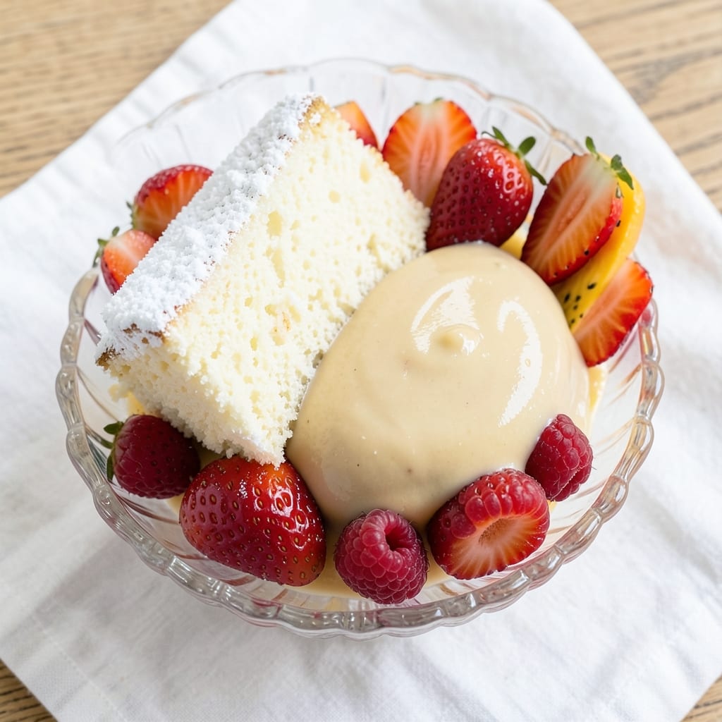 Angel Food Cake Recipe with Pudding and Fruit: Light-as-Air Layers With Boozy Vanilla Pudding Pool