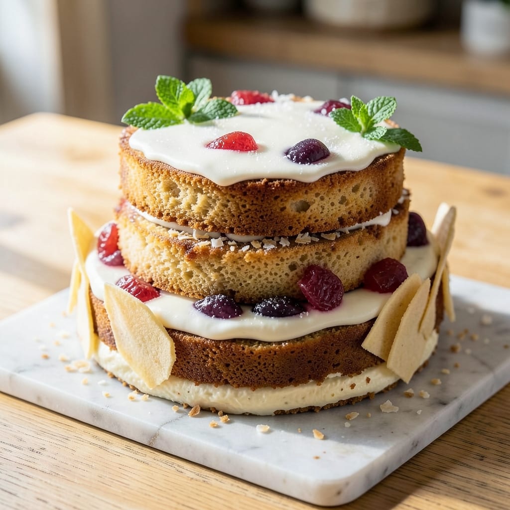Asian Sponge Fruit Cake Recipe: Tropical Layers With Crunchy Coconut Topping